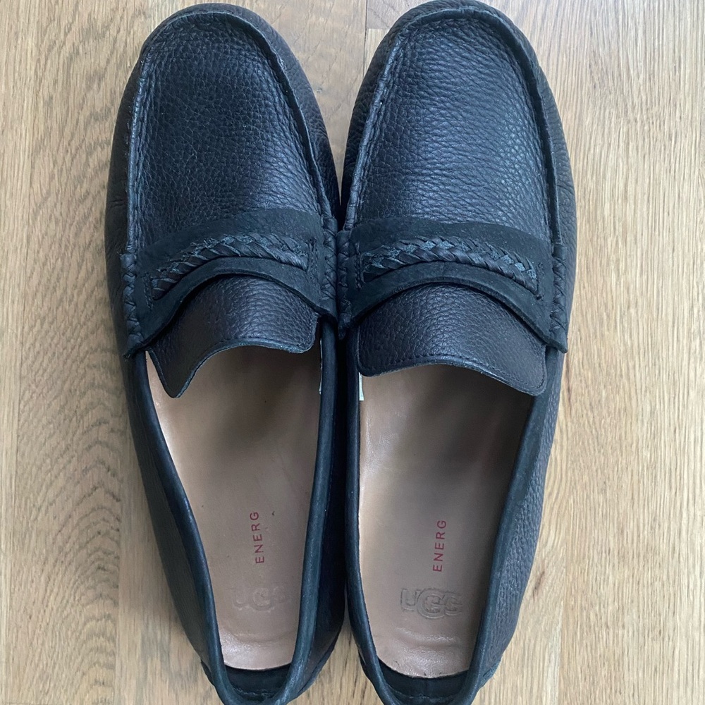 UGG Black Hendrick  Leather braided  Slip-On Loafers Size 13 Timeless Luxury